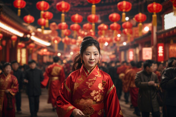 Beautiful asian woman in traditional Chinese costume with red lanterns in the street