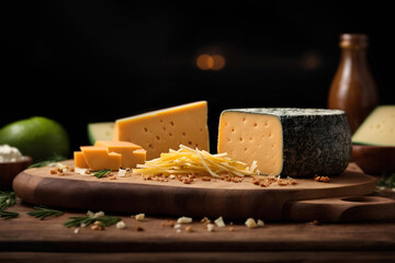 Cheese collection, various types of cheese on wooden board. Commercial promotional food photo