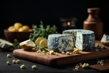 Blue cheese  with herbs on a wooden cutting board on black background. Commercial promotional food photo