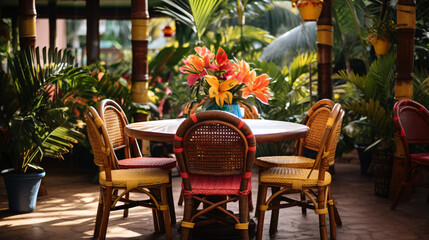 Table and chairs at tropical restaurant