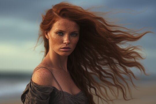 A woman with long red hair stands on a beautiful beach. This picture can be used to depict a peaceful and scenic beach vacation.