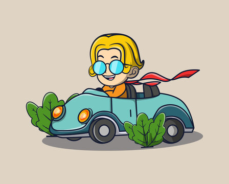 vector illustration of man driving a classic car, plants around it. lifestyle icon concept