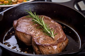 Cooked Steak seared in an iron skillet pan with butter and rosemary garnish, food photography 