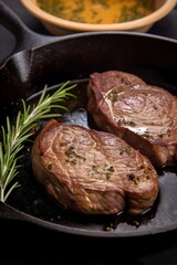 Cooked Steak seared in an iron skillet pan with butter and rosemary garnish, food photography 
