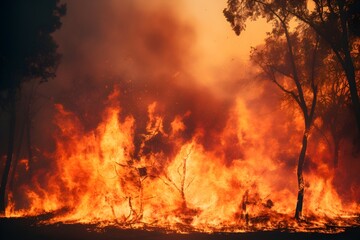 Burning forest in flames, silhouette, raging fire, Wildfire, bush or vegetation fire - obrazy, fototapety, plakaty