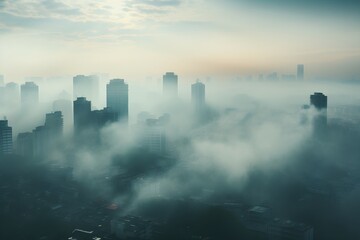 Haze covered city buildings, smoke, pollution, global warming concept, gloomy sky, clouds