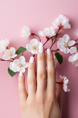 Women's hand with a soft light pink manicure on a background of flowers