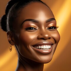 Portrait beautiful black model woman with white teeth smile, healthy black hair and beauty skin Concept of advertising dentist dental and facial care.