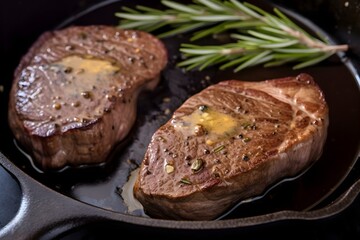 Cooked Steak seared in an iron skillet pan with butter and rosemary garnish, food photography 