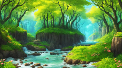 village cartoon background of green meadows and  trees and mountains.ai generate