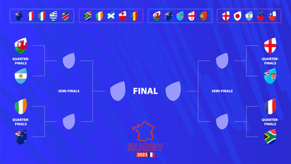 Rugby tournament bracket with flags of Quarter-final participants. Rugby competition 2023 schedule on abstract background. - obrazy, fototapety, plakaty
