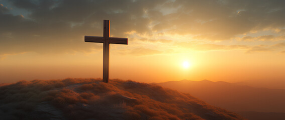 Fototapeta na wymiar Resurrection Of Jesus Christ Concept - Empty Tomb With Three Crosses On Hill At Sunrise