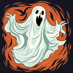 Vector ghost festive Halloween themed element for design. Flat character ghost. A ghost flies with an evil face, vector illustration on a bright background