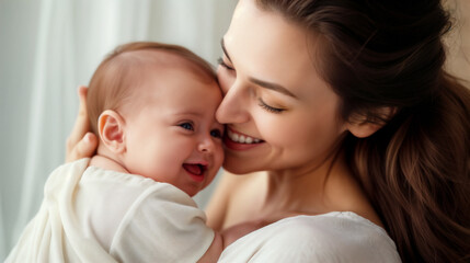 Fototapeta na wymiar Loving mother carying of her newborn baby at home. Generative AI