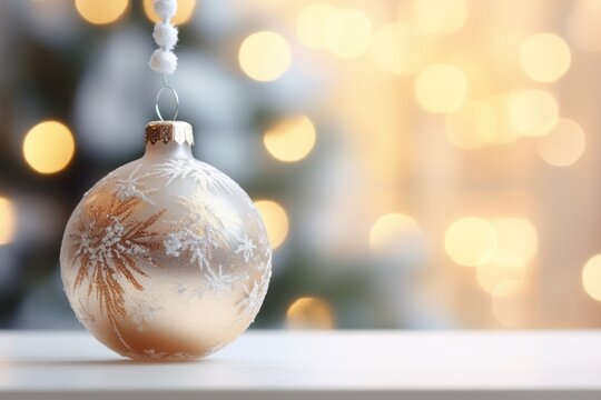 Luxury Christmas banner. Designer Christmas tree ball in golden colors. On the background with sparkles. free space.