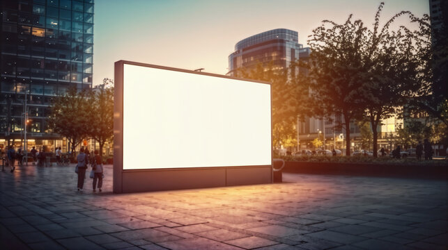Large blank advertising poster billboard in front of building in urban city. Generative AI