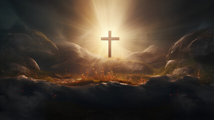 Resurrection Of Jesus Christ Concept - Empty Tomb With Three Crosses On Hill At Sunrise