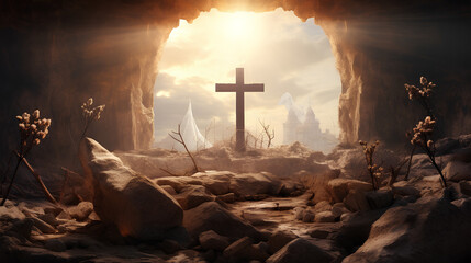 Resurrection Of Jesus Christ Concept - Empty Tomb With Three Crosses On Hill At Sunrise