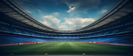 soccer stadium with green grass, illumination lights and dra
