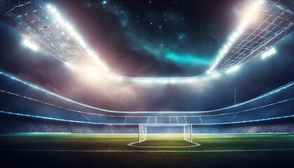 A futuristic soccer stadium, with neon lights and holographic players, shining under a starry night sky