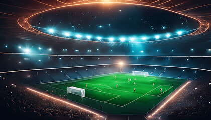 A futuristic soccer stadium, with neon lights and holographic players, shining under a starry night sky