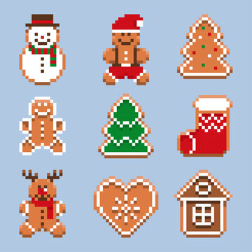 Gingerbread pixel art set. Isolated icons with Christmas tree, gingerbread, deer, sock, snowman and house in 16-bit old style. Vector illustration of New Year cookies.