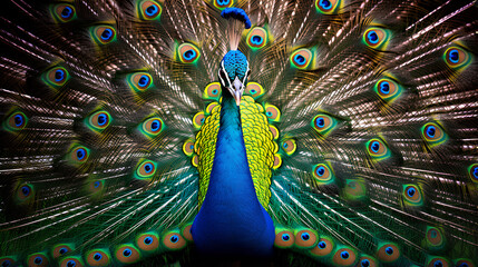 Obraz premium front view Portrait of beautiful peacock with feathers out