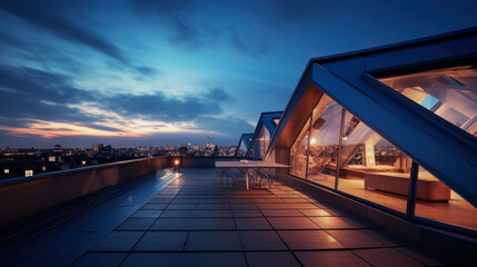 toit terrasse illuminé de nuit, bâtiment moderne d'architecte aux formes contemporaines et futuristes