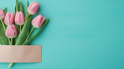 Three pink tulips in turquoise envelope