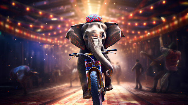 Happy Elephant Riding A Bike in circus
