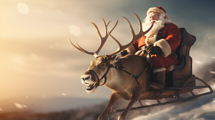 Santa Claus is sitting in a deer sleigh flying in the air and delivering gifts for Christmas.