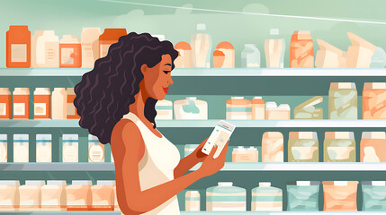 A woman comparing products in a grocery store, considering nutrition, prices, and ingredients, demonstrating informed consumer behavior