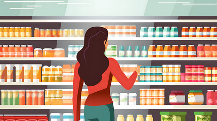 A woman comparing products in a grocery store, considering nutrition, prices, and ingredients, demonstrating informed consumer behavior