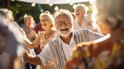 Candid capture of a joyful group of seniors showing vitality while dancing, highlights companionship and active lifestyle in retirement, reflecting the spirit of elderly  - obrazy, fototapety, plakaty