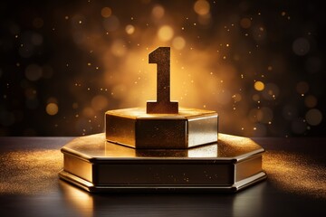 Winner's reward. Gold unit on a gold podium. Blurred background