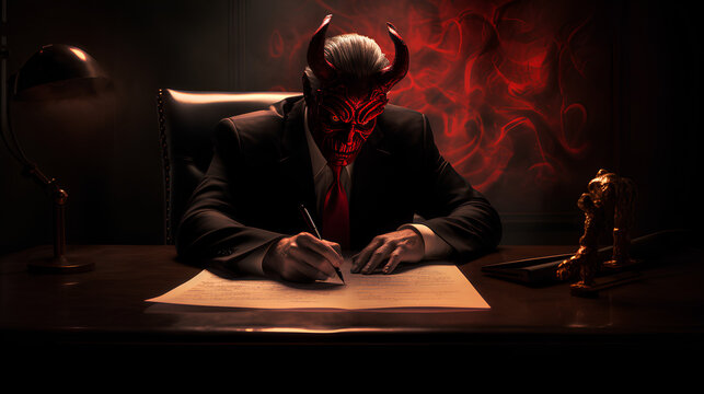 The devil Signing a contract in his office.