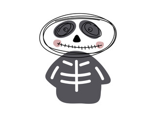 Halloween smiling skeleton character. Happy Halloween character portrait in doodle outline style. Funny Happy Halloween Black and white vector Illustration. Cute sketch linear scary spooky character.