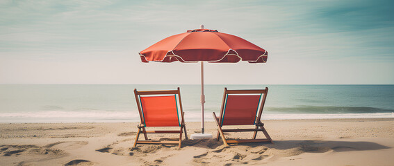 two chairs and an umbrella sitting under shade by the beach in the summer