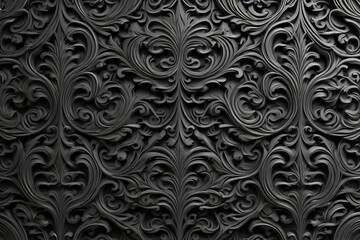 Black 3D Rococo Pattern Background. Intricate Dark Decorative Wallpaper - obrazy, fototapety, plakaty