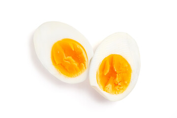 Fresh hard boiled chicken eggs isolated on white, top view, Clipping path included