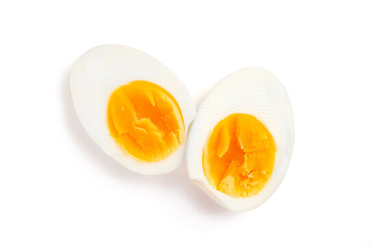 Fresh hard boiled chicken eggs isolated on white, top view, Clipping path included