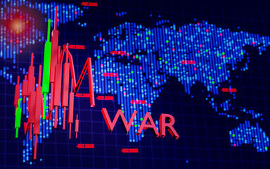 Stock market candlestick chart The stock situation is falling. Stocks fall due to abnormalities, wars, epidemics, panics. Bright red dots. Middle East location near Palestine, Israel. 3D Rendering