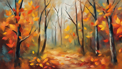Naklejka na ściany i meble Branches and trees in a autumn forest art illustration. Abstract fall leaves oil painting