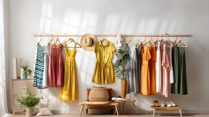 Fashionable women's closet wallpaper. Summer closet, dresses and shirts on hangers. Creative concept of women's clothing showroom, designer dresses store. - Powered by Adobe