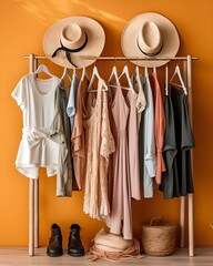 Fashionable women's closet wallpaper. Summer closet, dresses and shirts on hangers. Creative concept of women's clothing showroom, designer dresses store.