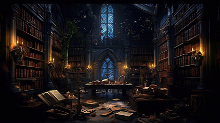 Haunted Library with Moving Books - obrazy, fototapety, plakaty