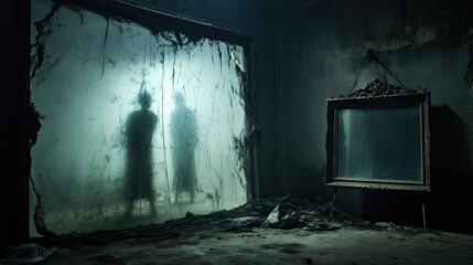 Fototapeta na wymiar Ghostly Figures in a Haunted Mirror