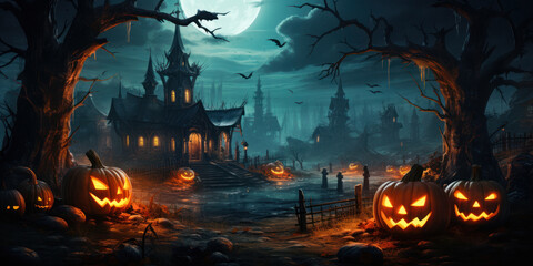 Fototapeta na wymiar Glowing Jack-o’-lanterns in a Spooky Fairytale Setting: A captivating scene that perfectly captures the essence of Halloween.