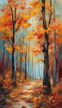 Branches and trees in a autumn forest art illustration. Abstract fall leaves oil painting
