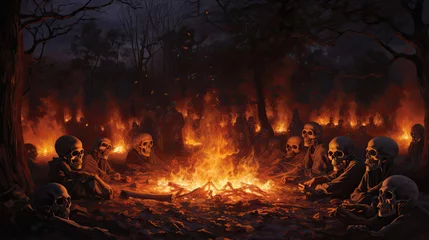 Fotobehang Skulls in the Flames of a Midnight Bonfire © javier